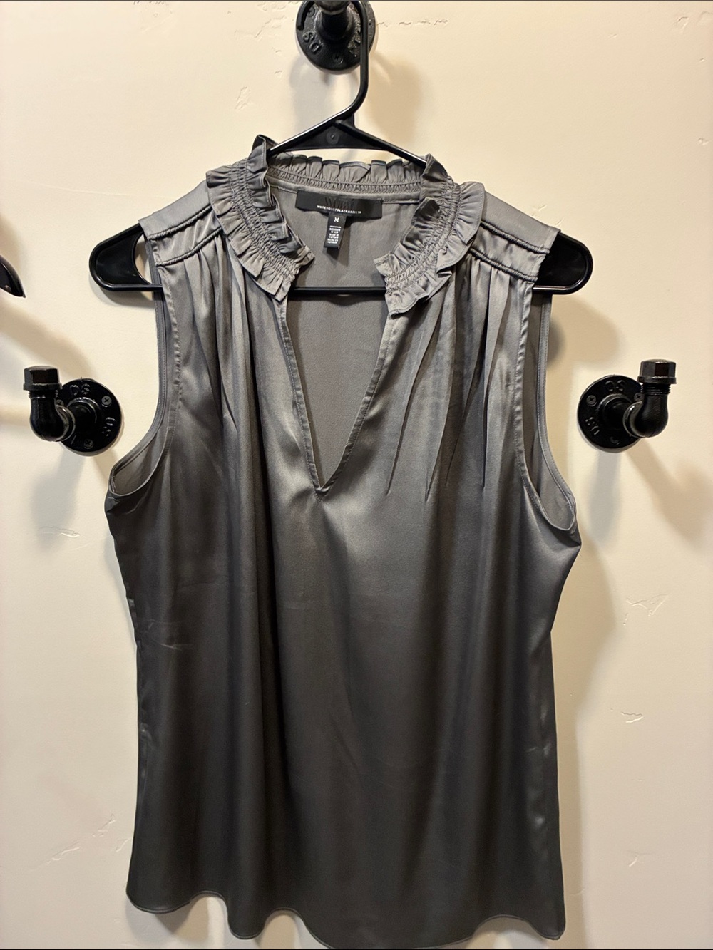 White House Black Market Charcoal Gray Ruffle-Trim Sleeveless Satin Camisole